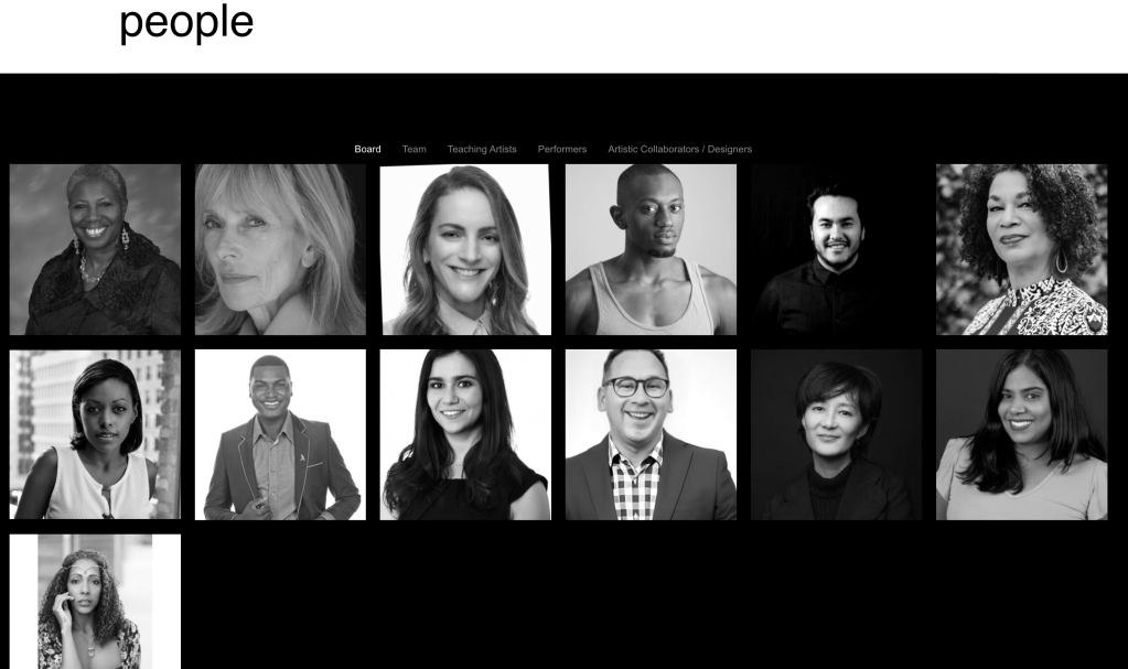 Grid of black and white headshots of individuals associated with Heidi Duckler Dance. Includes portraits of board members, teaching artists, performers, and artistic collaborators.